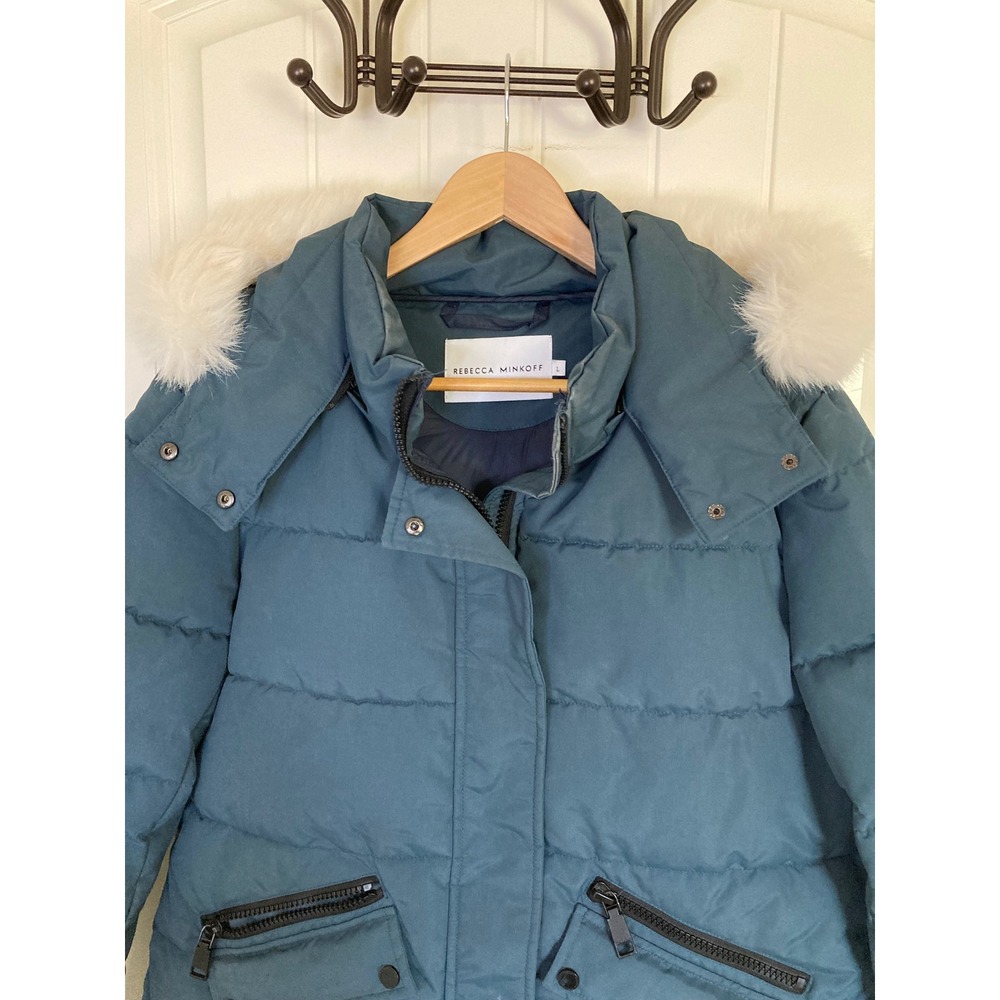 Rebecca Minkoff Teal Blue Quilted Puffer Coat Faux Fur Hood RM-0033 Size L - Picture 5 of 13